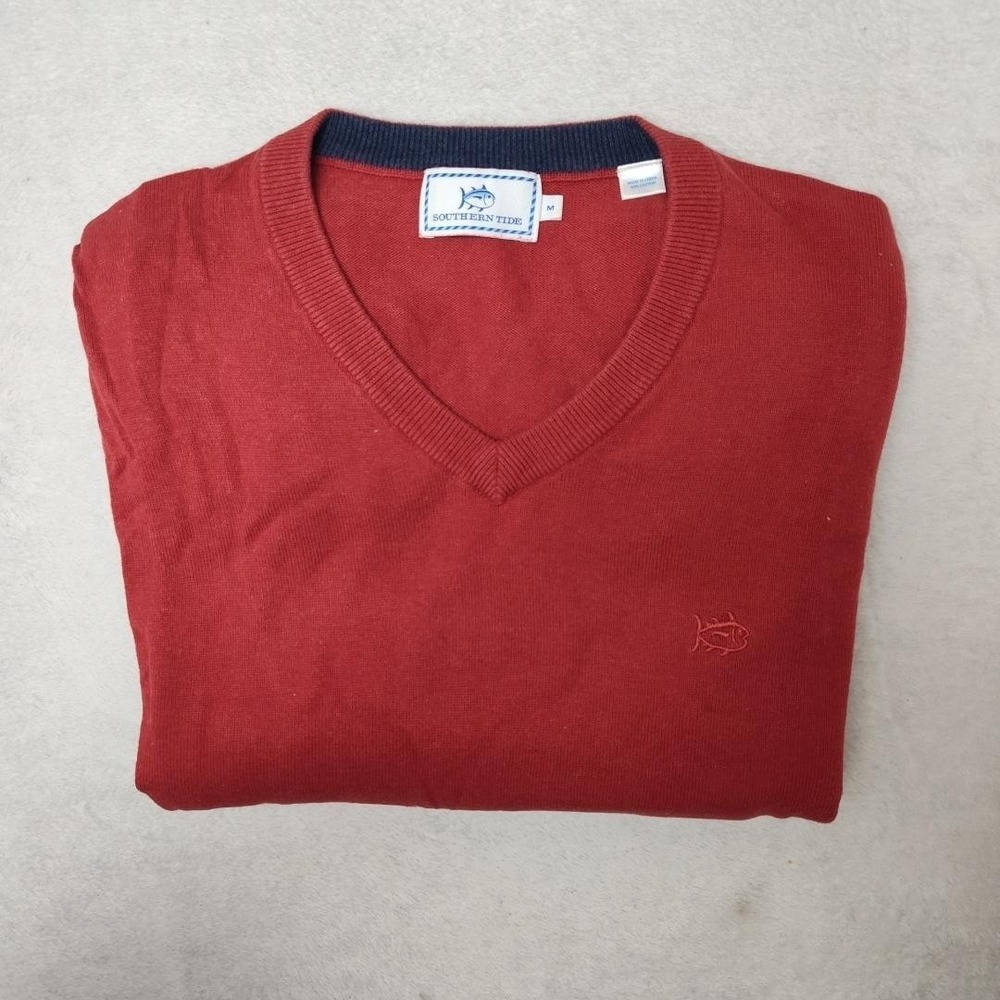 Southern Tide Sweater Mens M Red V-Neck Cotton Tight-Knit Pullover Lightweight